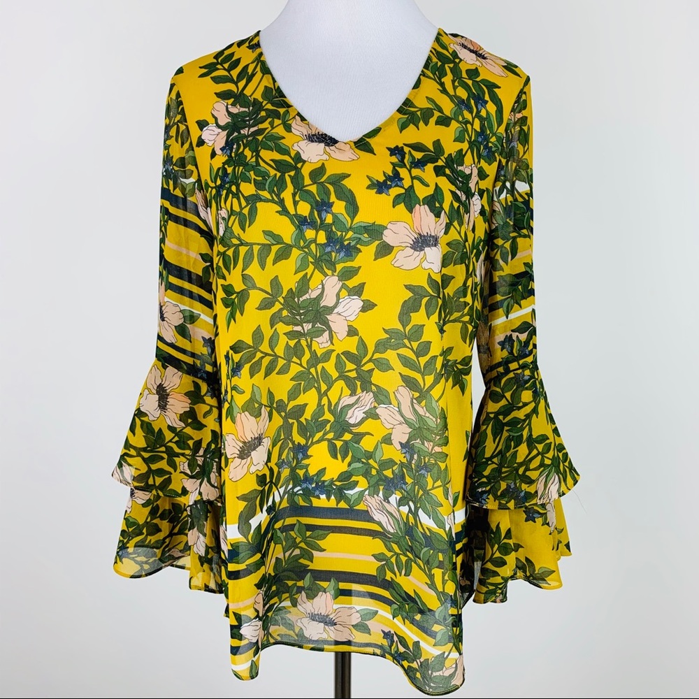 CAbi Scene Floral Bell Sleeve Top Style 5518 Sz S